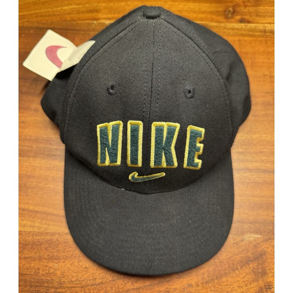 Vintage Nike Spell Out Hat Black Green Swoosh 90s Y2K Strapback Adult Cap - NEW